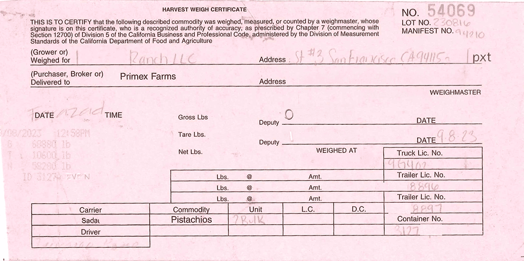 Certificado de peso - Harvest Weigh Certificate